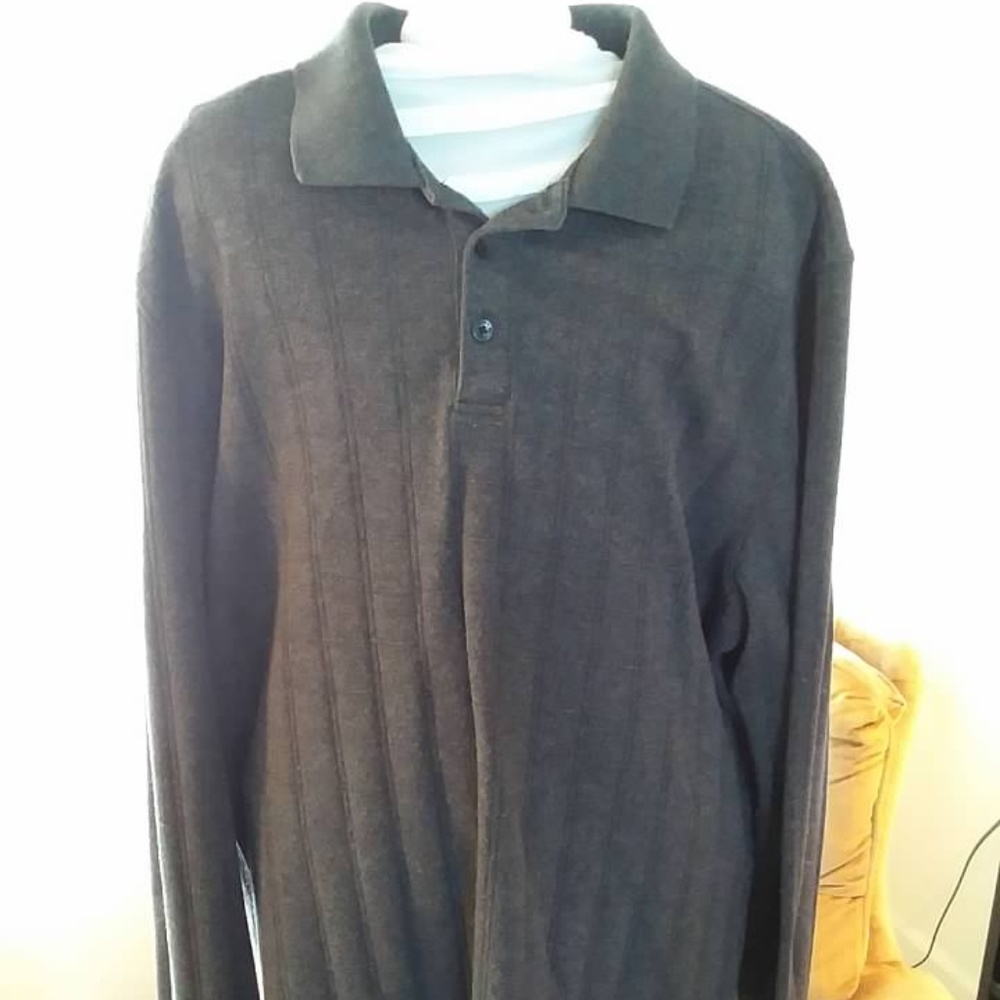 Mens Van Heusen Gray Long Sleeve Polo Shirt Large